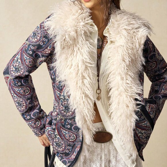 Navy Blue Casual Women's Jacket with Faux Fur Collar and Paisley Pattern - Picture 7 of 9